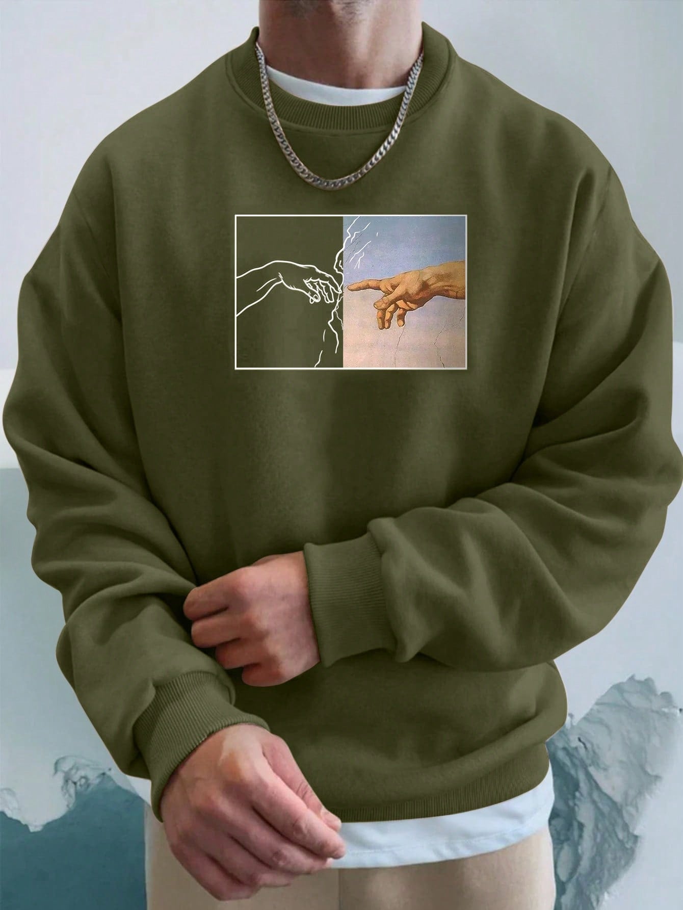 Men's Hand Printed Round Neck Drop Shoulder Casual Sweatshirt