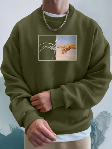 Men's Hand Printed Round Neck Drop Shoulder Casual Sweatshirt