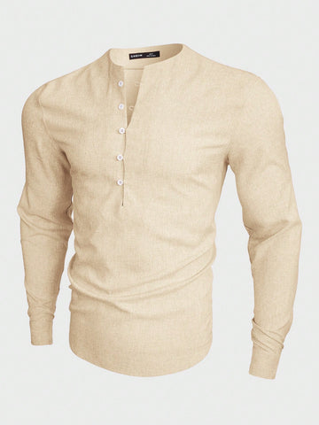 Men's Buttoned Half-Open Collar Casual Long-Sleeved Shirt