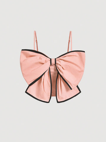 Plus Size Contrast Color Camisole With Embellished Bow Tie