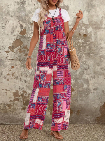 Women's Summer Jumpsuit With Printed Square Collar, Casual Dungarees With Pockets