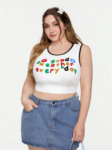 Plus Size Colorful Towel Embroidery Letter Crop Knitted Top