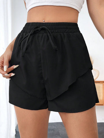 Ladies' Solid Color Double-Layered Elastic Waist Shorts