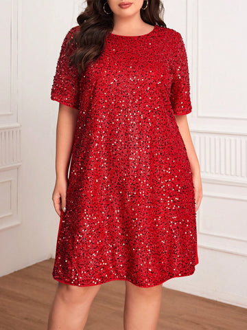 Plus Size Sequined Round Neck Loose Short Sleeve Dress
