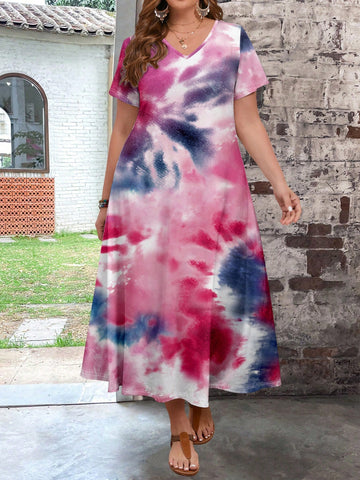 Plus Size Women's Casual Tie Dye Pattern Short Sleeve Dress