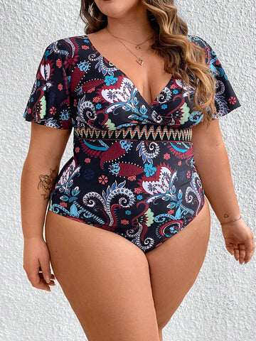Plus Size Deep V-Neck Floral Printed One-Piece Swimsuit, Short Sleeve Bathing Suit Beach Outfit Vacay Vibe