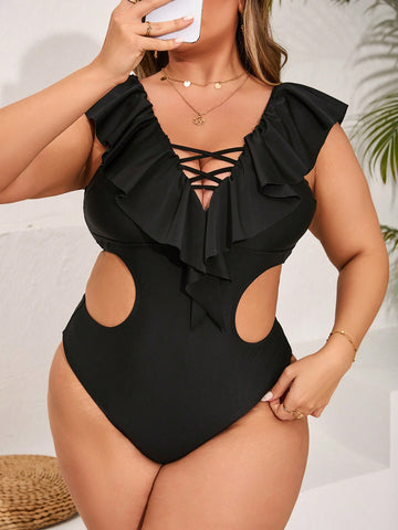 Plus Size Hollow Out Monokini Swimsuit With Deep V-Neckline And Ruffle Trim, Beach Outfit Bathing Suit Music Festival Summer