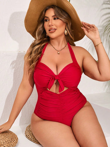 Plus Size Solid Color Hollow Out Ruffled One-Piece Swimsuit, Beach Outfit Bathing Suit Music Festival Summer