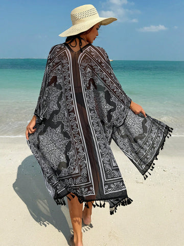 Women's Paisley Scarf Print Kimono Cover Up With Tassel Hem
