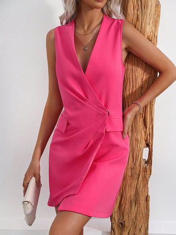 Wrap Style Sleeveless Blazer Dress With Waist Tie, Pleats And Pockets Design