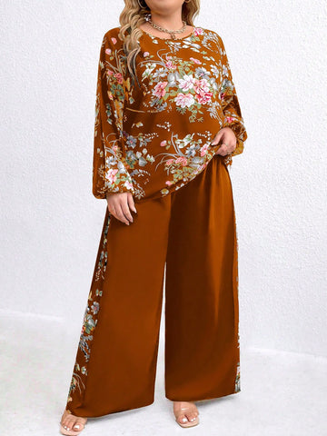 Plus Size Floral Print Round Neck Lantern Sleeve Top And Wide Leg Pants