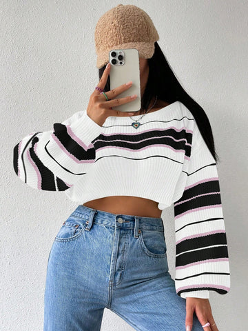 Women's Striped Off Shoulder Long Sleeve Pullover Sweater