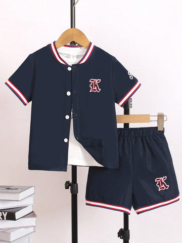 2pcs/Set Young Boys" Casual Sports College Street Style Letter Printed Ribbed Shirt And Ribbed Shorts, Suitable For School, Daily Wearing, Traveling And Outdoor Activities In Spring And Summer