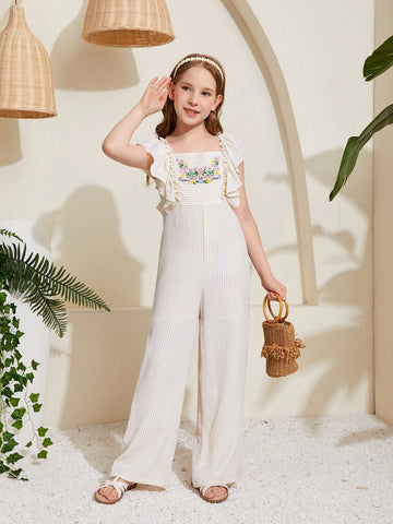 Tween Girl's Loose Fit Casual Jumpsuit With Woven Flower Embroidery, Square Neckline And Ruffle Trim