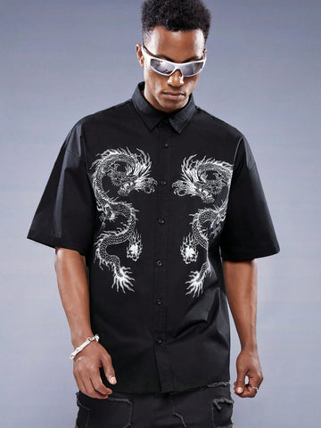 Men's Chinese Dragon Printed Woven Casual Shirt