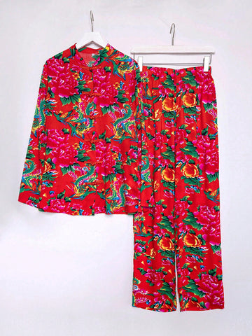 Floral Printed Cheongsam Button-Up Casual 2pcs Outfit