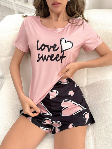 Loose Fit Pajama Set With Letter & Heart Print