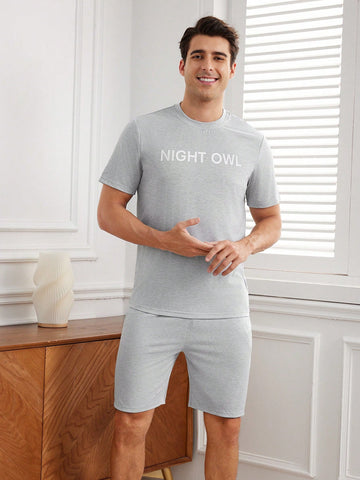 Men's Letter Print Short Sleeve T-Shirt And Shorts Homewear Set