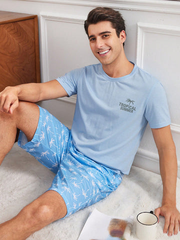 Men's Coconut Tree Pattern Printed Comfy Homewear Set
