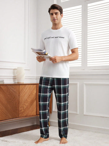 Men's Slogan Printed Round Neck Short Sleeve Top & Plaid Long Pants Pyjama Set