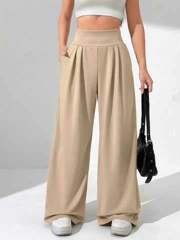 Solid Color High Waist Pleated Wide Leg Pants With Slant Pockets