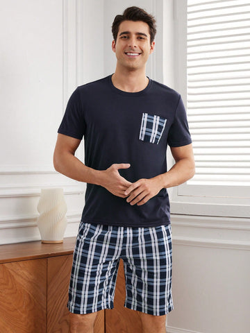 Men's Plaid Print Short Sleeve And Shorts Homewear Set