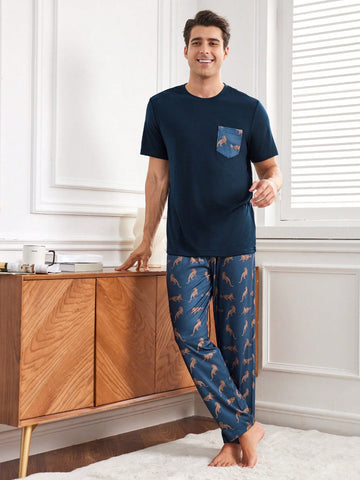 Men's Leopard Print Pocket Round Neck Short Sleeve And Long Pants Pajama Set