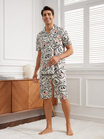 Men's Casual And Comfortable Homewear Set With Teddy Bear Printing