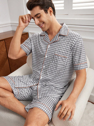 Men's Checkered Collar Short Sleeve And Shorts Pajama Set