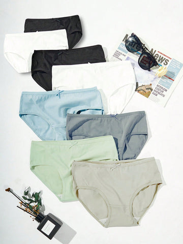 8pcs/Set Tween Girls' Basic Triangle Panties With Bow Decoration