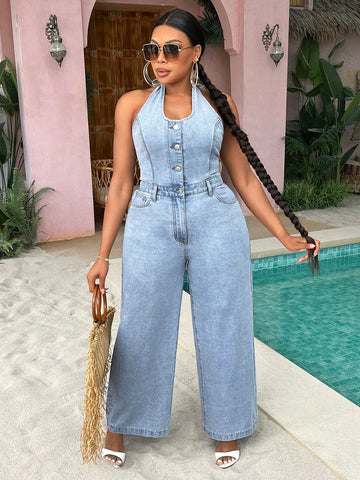 Plus Size Button Half Placket Halter Denim Jumpsuit For Spring Summer, Country Music Festival Outfits