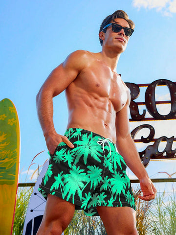 Men's Coconut Tree Printed Drawstring Waist Beach Shorts, Summer Vacation