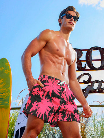 Men's Pink Tropical Printed Drawstring Waist Beach Shorts, For Summer, Swimming
