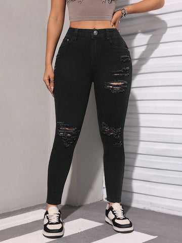 Solid Color Distressed Skinny Jeans