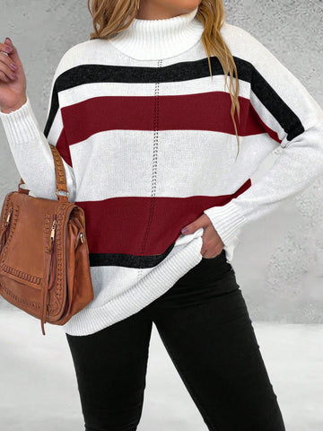 Plus Size Women's Striped Turtleneck Pullover Sweater