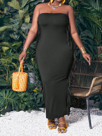 Vacation Casual Elastic Knit Plain Tight Fit Black Fringed Bandeau Slit Plus Size Maxi Women's Summer Dress