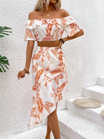 Women's Tropical Plant Printed Ruffle Trim Off Shoulder Crop Top And Half Skirt Set