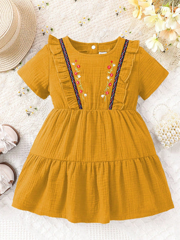 1pc Baby Girl Embroidered Flowers Patchwork Woven Short Sleeve Textured Dress With Belt, Summer