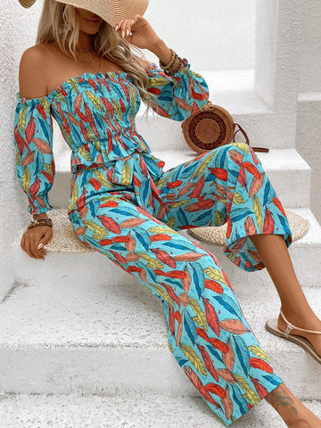 Floral Print One Shoulder Top And Long Pants Set With Ruffled Hem