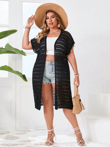 Plus Size Hollow Out Knitted Front Open Batwing Sleeve Cardigan