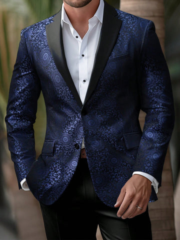 Men's Jacquard Blazer, Solid Color Dress Pants Suit