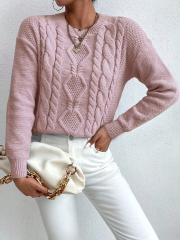 Solid Color Crew Neck Cable Knit Oversized Sweater