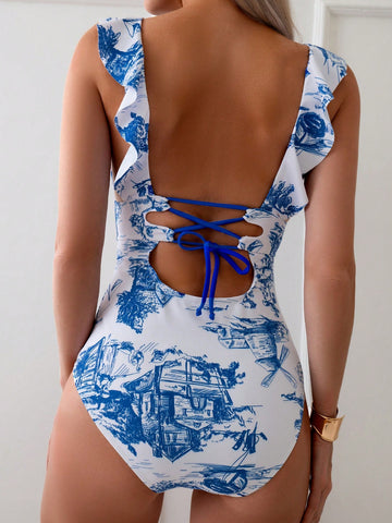 Blue & White Printed Strappy Backless One-Piece Swimsuit With Ruffle Trim