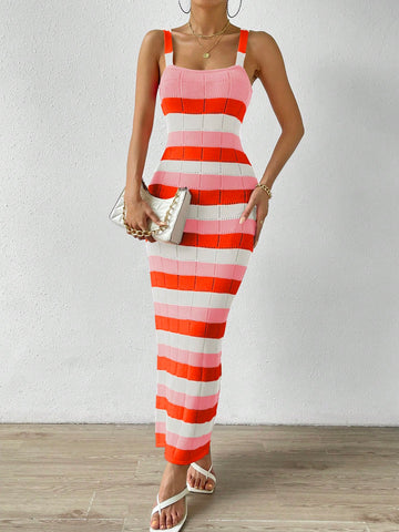 Women's Striped Knitted Cami Sweater Dress