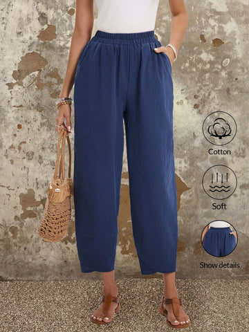 Women's Spring/Summer Casual Pants With Elastic Waistband, Solid Color Cotton Summer Pants