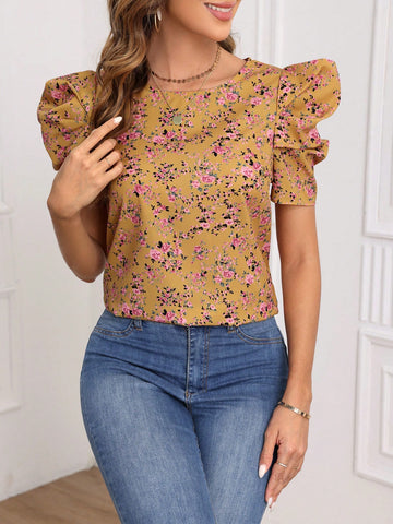 Women's Floral Printed Short Puffed Sleeve Woven Blouse