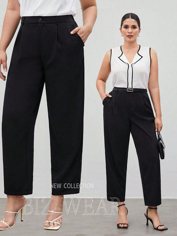 Women's Plus Size Solid Color Straight Suit Pants With Slanted Pockets And Fold-Over Pleats