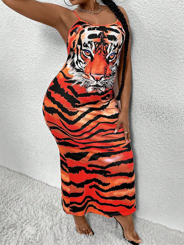 Plus Size Women's Tiger Printed Spaghetti Strap Maxi Dress