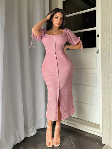 Women's Pink Split Long Dresses,Princess Sleeve Dress,Long Dresses,Pink Dress,Sexy Dress,Long Summer Dress,Long Pink Dress,Cup Design,Button Down Dress,Stretch Fabric  ,Suitable For Daily, Commuting, Vacation, Dating, Outing