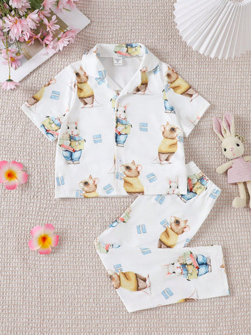 Toddler Boys' Cartoon Mouse Printed Short Sleeve Cardigan With Buttons & Pants Homewear Set